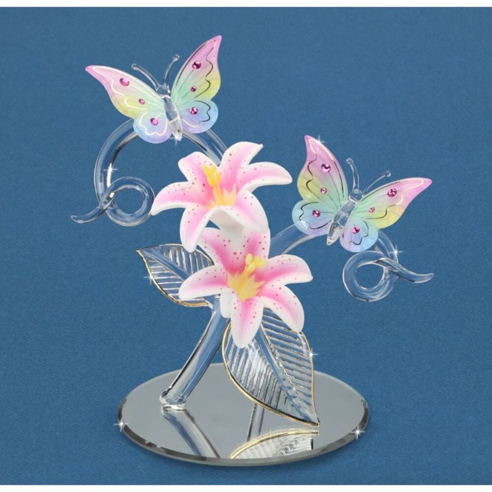 Glass Baron Butterflies Lily Garden Sculpture  Swarovski Crystals Fine Art Glass